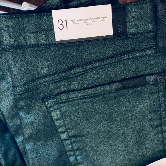 7 for All 31 Green Metallic Skinny Jeans Gwenevere Emerald Green Wax NWT $200 - Picture 4 of 5